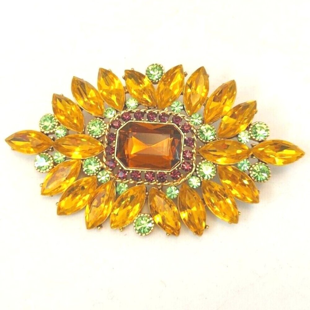 vtg Statement Brooch Austrian Cut Crystals Rhinestones Rectangular ambar gold